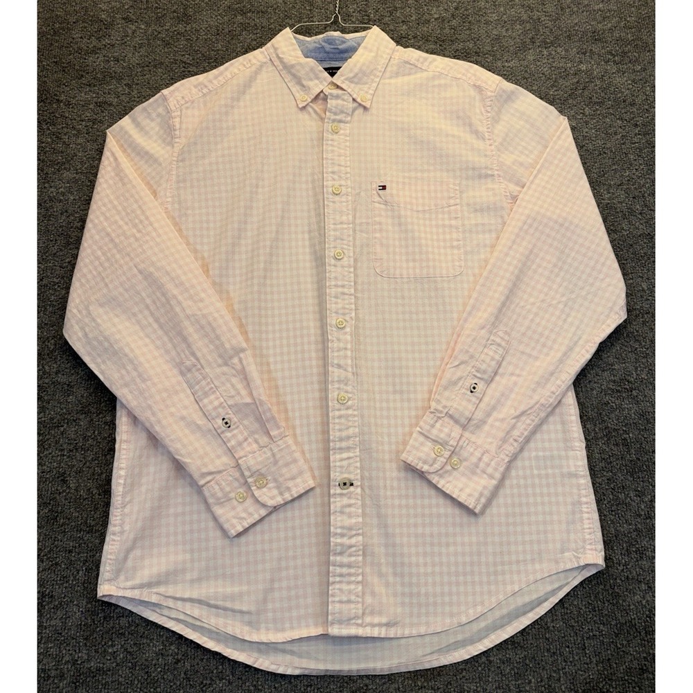 Tommy Hilfiger Men's M Pink White Gingham Check Long Sleeve Shirt Classic Fit